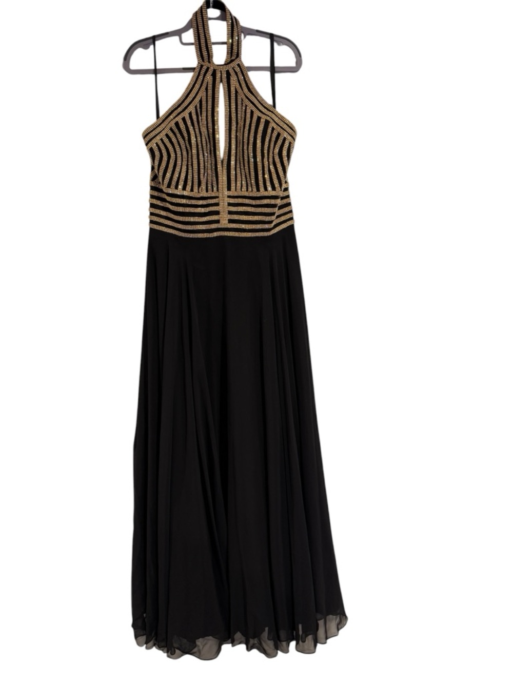 JVN Jovani Prom Black and Gold Halter Maxi Formal Event Dress Women's US 14
